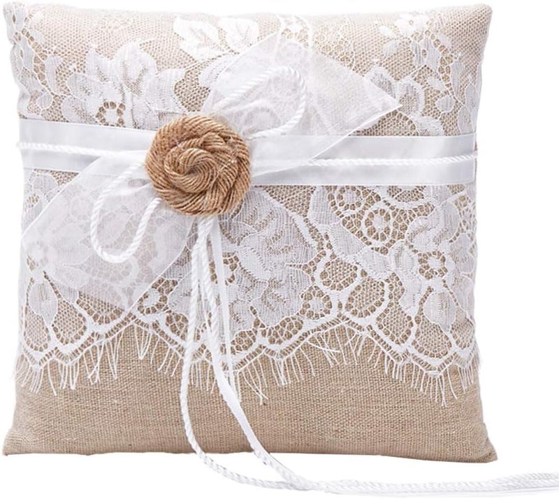 Amajoy Vintage Rustic Burlap Lace Wedding Ring Pillow Ring Bearer Pillow 7.5 inch x 7.5 inch - Image 1